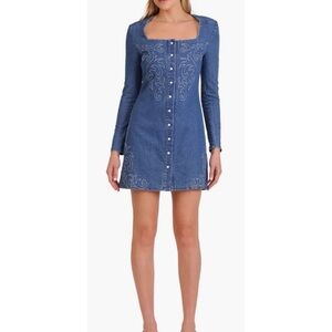 Avec Les Filles Western Embroidery Long Sleeve Denim Mini Dress